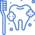 Blue line drawing of a toothbrush next to a tooth with bubbles, representing dental hygiene or brushing teeth, on a light background.
