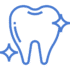 Blue outline of a clean, shiny tooth with three sparkling stars around it, symbolizing dental hygiene or a bright, healthy smile on a light gray background.