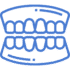 Blue outline illustration of a set of upper and lower teeth, shown in an open-mouth position on a light background.