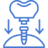 Blue outline icon of a dental implant with a tooth on top, a screw below, and two downward arrows indicating insertion into the gum or jaw.