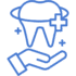 Blue outline icon of a tooth with a medical cross and sparkles above an open hand, symbolizing dental care or oral health support.