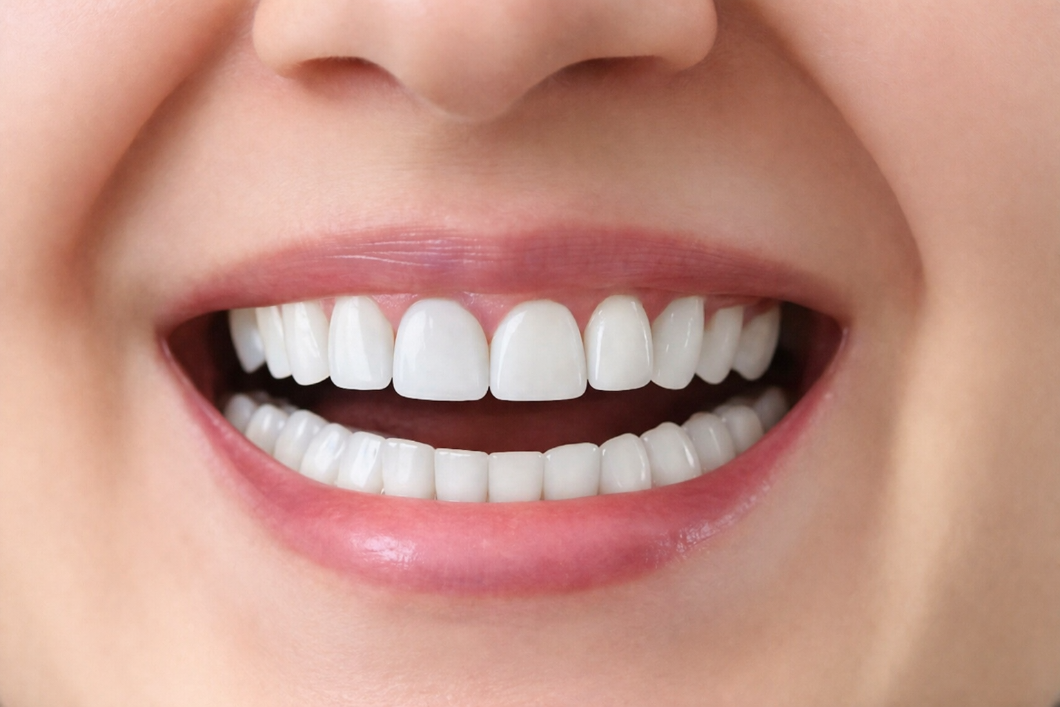 A close-up from our smile gallery features a smiling mouth showing clean, white, straight teeth and healthy pink lips.