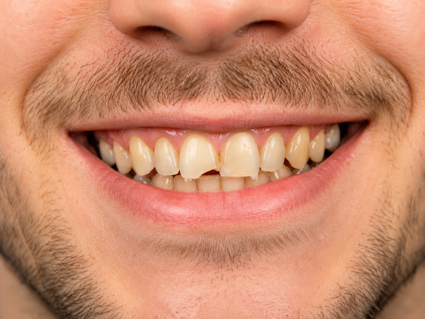 Before restorative dental treatment showing worn, stained, and uneven teeth in an adult smile