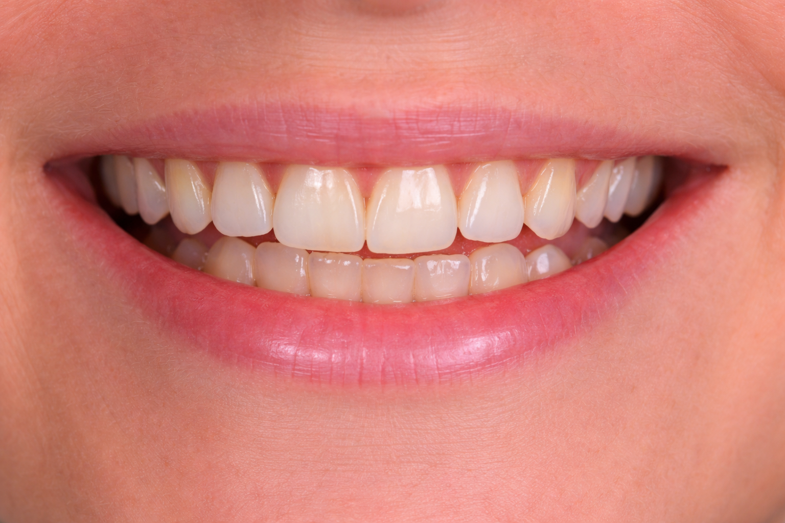 A close-up of a person’s mouth smiling, showing clean, straight teeth with natural coloring and healthy gums—an ideal example for any smile gallery.