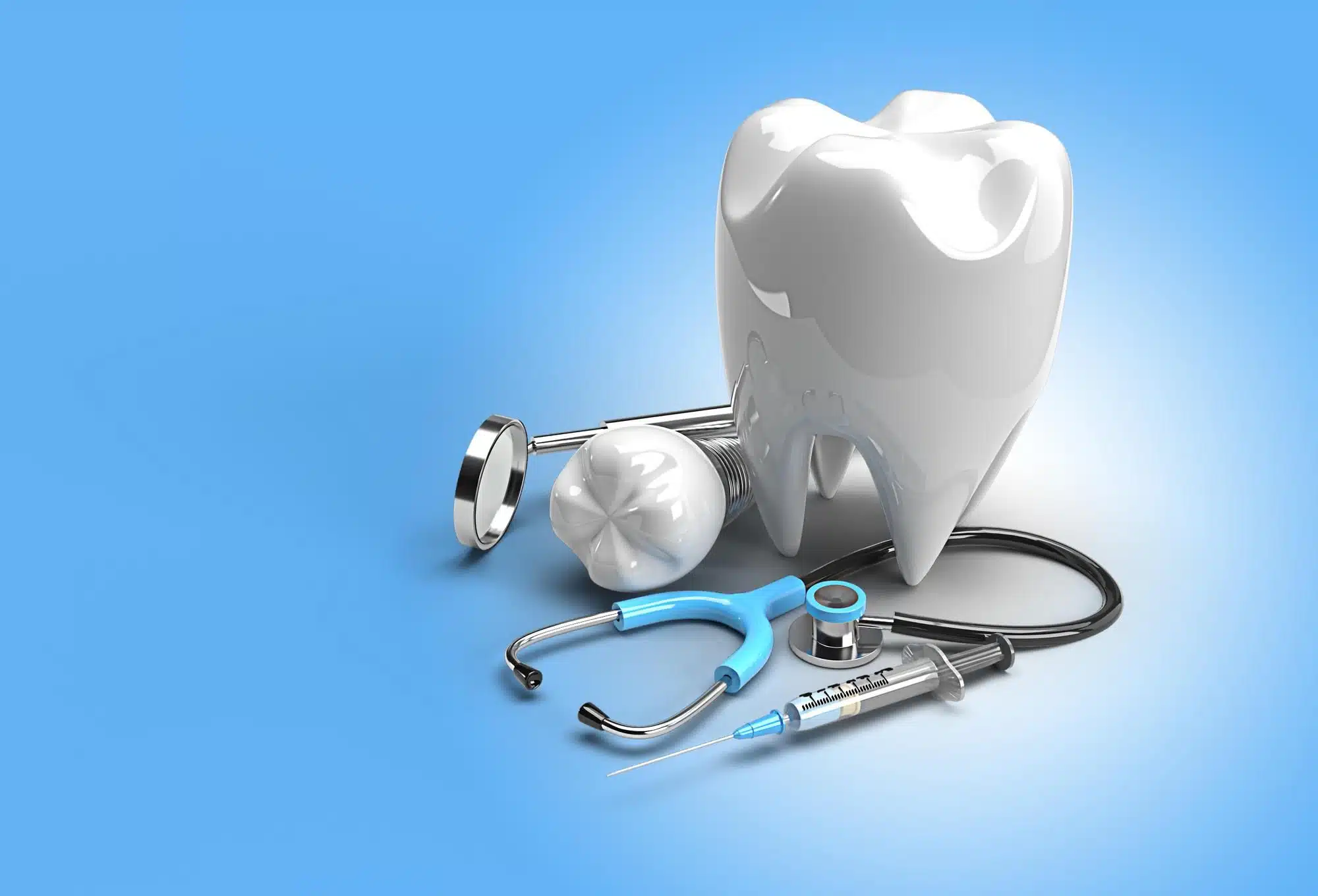 A large tooth model beside a stethoscope, dental mirror, syringe, and dental explorer on a blue background, symbolizing dental and medical care such as teeth cleaning in Bergenfield, NJ.