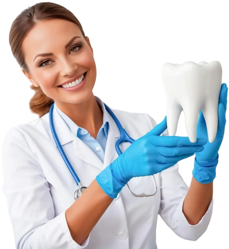 Smiling dentist in a white coat and blue gloves holds a large model of a tooth, with a stethoscope around her neck, against a plain backgroundβrepresenting the trusted care you can expect from your Dentist in Bergenfield, NJ.