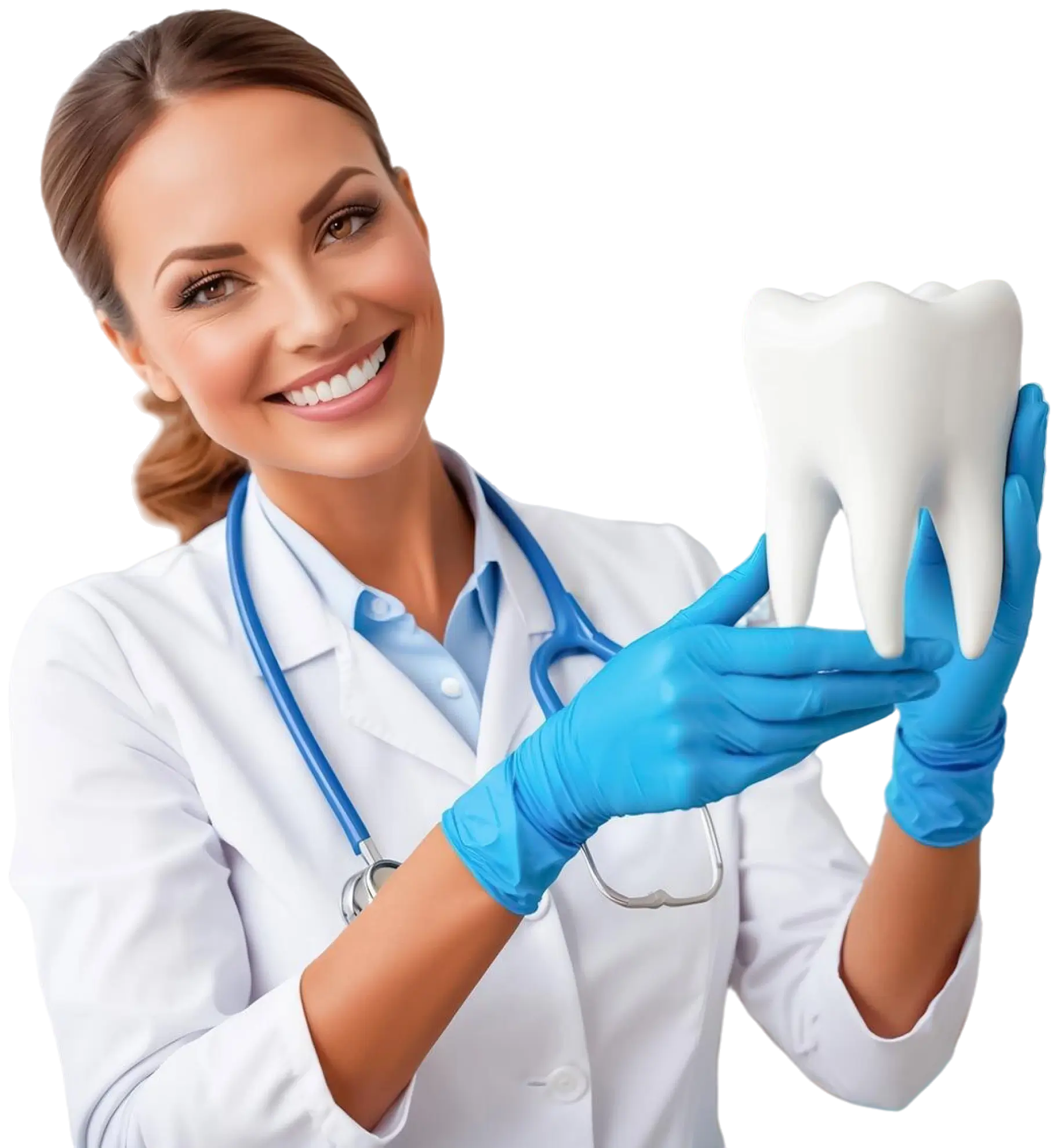 Smiling dentist in a white coat and blue gloves holds a large model of a tooth, with a stethoscope around her neck, against a plain background—representing the trusted care you can expect from your Dentist in Bergenfield, NJ.